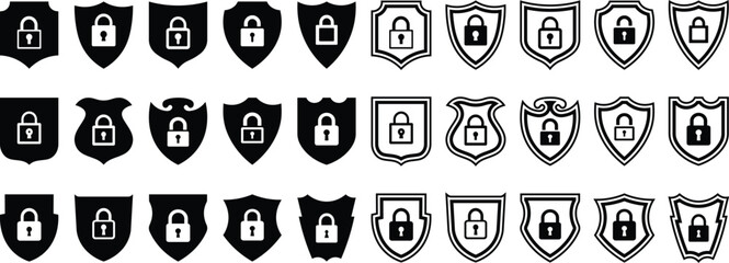 Poster - Set of shield icons featuring padlock symbol representing security and protection