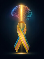 Poster - Colorful Brain With Glowing Ribbon Symbolizing Awareness and Creativity in a Vibrant Abstract Setting