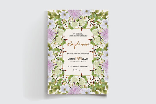 WEDDING INVITATION FRAME WITH FLOWER DECORATIONS AND FRESH LEAVES