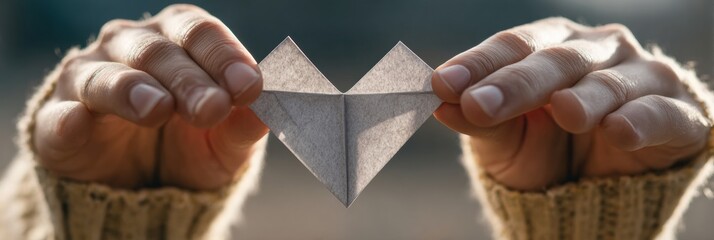 Poster - Hands Gently Holding a Paper Folded Heart Surrounded by Soft Shadows in a Serene Outdoor Setting