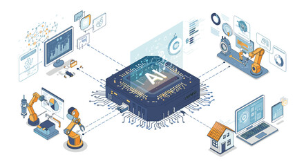 Poster - artificial intelligence in technology and industry: vector illustration for poster, flat isometric s