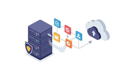Poster - Isometric data security vector illustration for cloud backup and data transfer