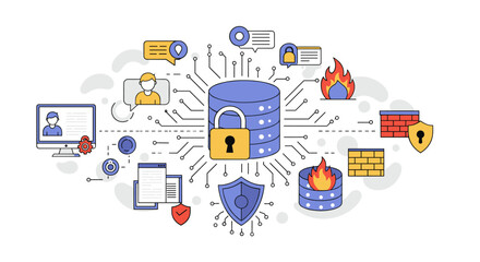 Poster - Cyber security concept with data protection elements in flat vector illustration for poster or web design