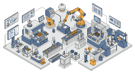 Poster - Isometric factory automation and robotics vector illustration for technology brochure