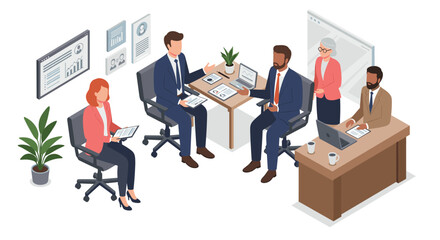 Poster - Business meeting in office vector illustration - isometric design for corporate print