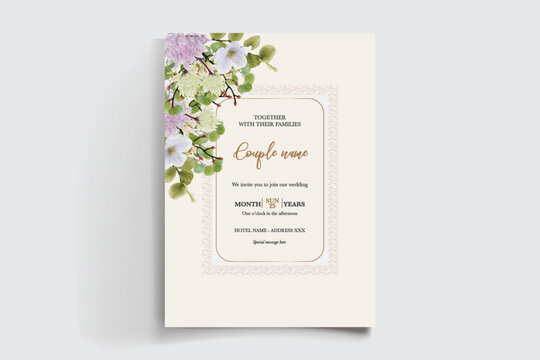 WEDDING INVITATION FRAME WITH FLOWER DECORATIONS AND FRESH LEAVES