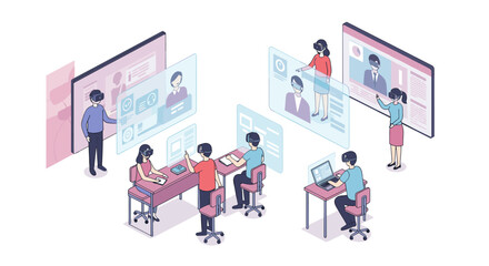 Fototapete - Virtual collaboration office: isometric vector illustration for remote work concept and design