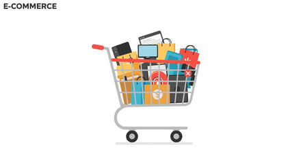 Poster - Shopping cart with gadgets vector illustration for e-commerce website design in flat style
