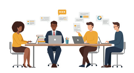 Poster - Team collaboration in modern office: flat vector illustration for business presentation and design