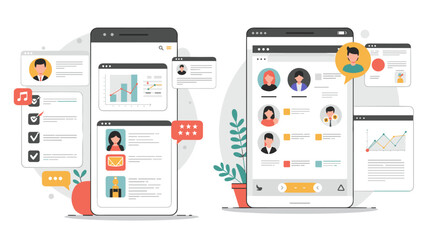 Poster - Flat vector illustration of online team management and communication interface for modern business solutions
