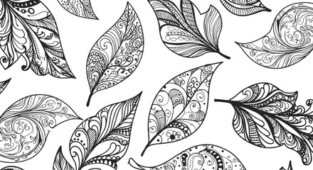Poster - Ornate leaf patterns vector illustration for nature design, coloring book, wall art, bohemian style, hand drawn in black and white