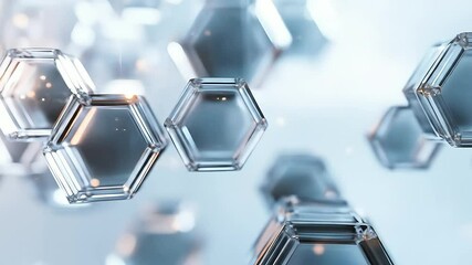 Poster - Abstract animation of translucent hexagonal prisms floating, reflecting light and creating a sense of depth and movement, symbolizing technology, connection, or structure