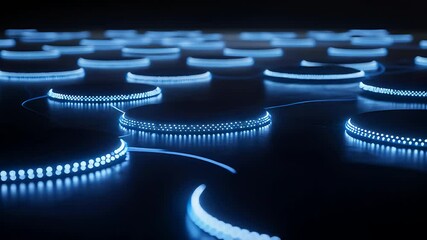 Poster - Glowing blue rings float on dark surface, creating abstract, dynamic, and futuristic landscape.  Concept explores themes of connection, flow, and digital space