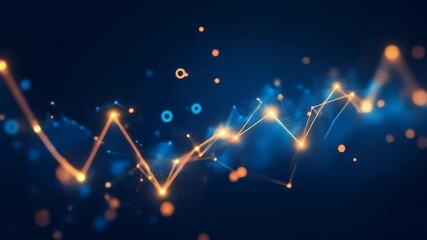 Poster - Abstract video with glowing lines and particles moving dynamically across dark blue background, symbolizing data flow, network, connection, and digital energy