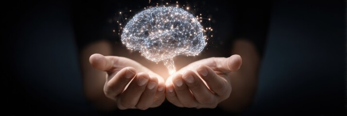 Poster - Hands Supporting a Glowing Mind Symbol Representing Mental Wellness and Self-Care Amid a Serene Background