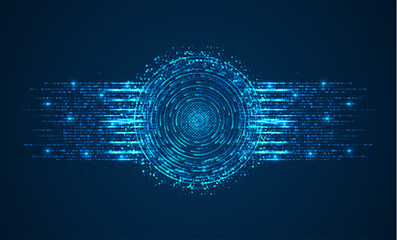 Poster - Abstract vector of glowing blue circular data stream on dark background, ideal for futuristic tech systems, signal processing, AI analytics, cybersecurity, and digital networks.