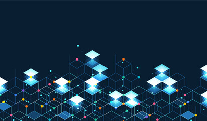 Poster - Vector of advanced glowing cubes in 3D blockchain digital grid on dark background, ideal for smart platforms, decentralized systems, crypto tech, and futuristic data structures.