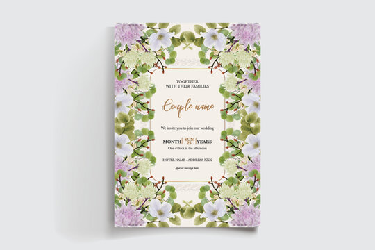 WEDDING INVITATION FRAME WITH FLOWER DECORATIONS AND FRESH LEAVES