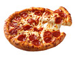 © Chonlatee - Pepperoni pizza slice with cheese pull on white background