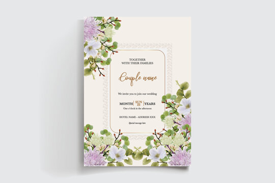 WEDDING INVITATION FRAME WITH FLOWER DECORATIONS AND FRESH LEAVES