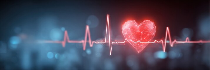 Poster - Heartbeat Line Transforms Into Heart Icon Over Medical Background Illustrating the Connection Between Technology and Health