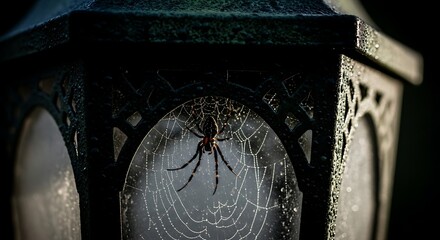 A spider spins its web within the ornate glass panes of an old, dark lantern.