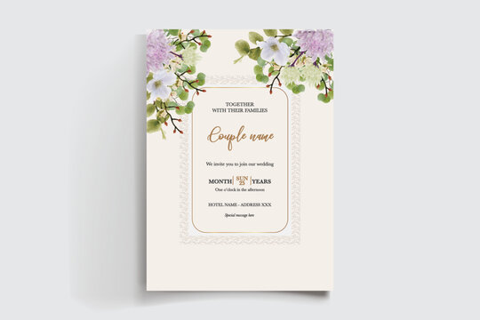 WEDDING INVITATION FRAME WITH FLOWER DECORATIONS AND FRESH LEAVES