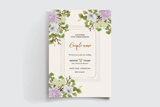WEDDING INVITATION FRAME WITH FLOWER DECORATIONS AND FRESH LEAVES