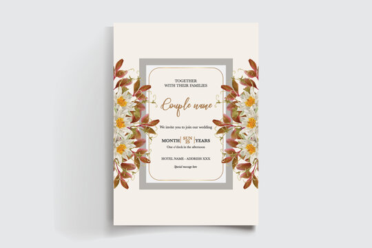 WEDDING INVITATION FRAME WITH FLOWER DECORATIONS AND FRESH LEAVES