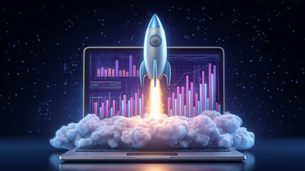 Poster - Rocket lifts off from laptop displaying data analytics. Dark cosmic background with bright visuals creates a futuristic atmosphere. Concept of technology, innovation, startups