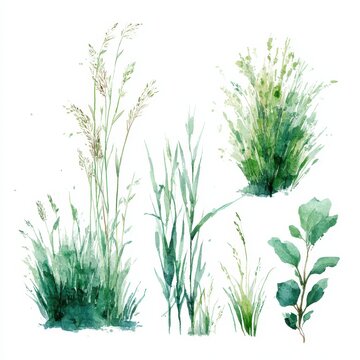 Watercolor painting of five distinct clusters of various grasses and foliage, rendered in shades of green against a white background