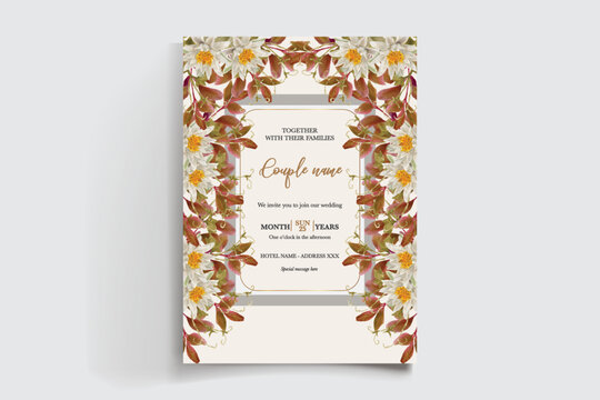 WEDDING INVITATION FRAME WITH FLOWER DECORATIONS AND FRESH LEAVES