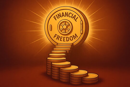 Digital illustration of a staircase made of coins leading up to a glowing vault labeled “Financial Freedom” – symbolic composition. Generative AI