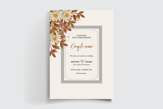 WEDDING INVITATION FRAME WITH FLOWER DECORATIONS AND FRESH LEAVES