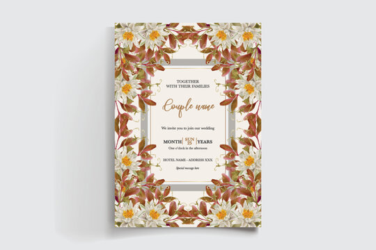 WEDDING INVITATION FRAME WITH FLOWER DECORATIONS AND FRESH LEAVES