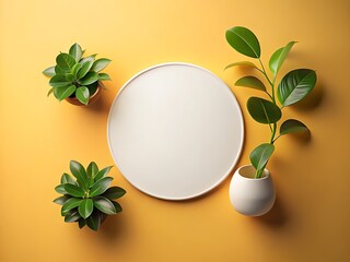 Poster - Green plants surround a white circle on a yellow background flat lay