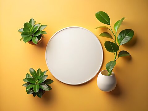 Green plants surround a white circle on a yellow background flat lay
