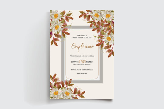 WEDDING INVITATION FRAME WITH FLOWER DECORATIONS AND FRESH LEAVES