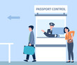 © LadadikArt - Border control in airport or port. Tourists show documents, border policeman. Flat travel concept, safety and comfort, vector illustration