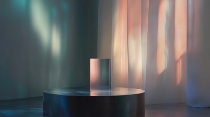 Poster - Light reflections play on a modern sculpture in an elegant gallery setting during an art exhibition