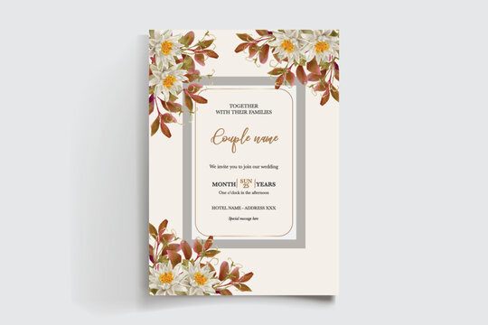 WEDDING INVITATION FRAME WITH FLOWER DECORATIONS AND FRESH LEAVES
