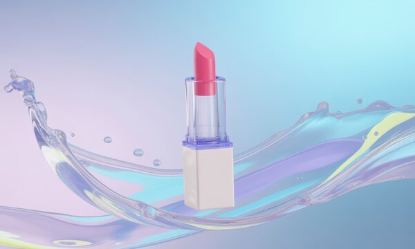 Pink Lipstick Product with Water Splash Effect on Gradient Background