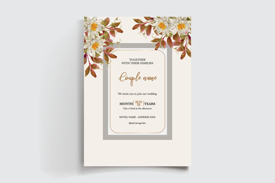 WEDDING INVITATION FRAME WITH FLOWER DECORATIONS AND FRESH LEAVES
