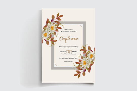 WEDDING INVITATION FRAME WITH FLOWER DECORATIONS AND FRESH LEAVES