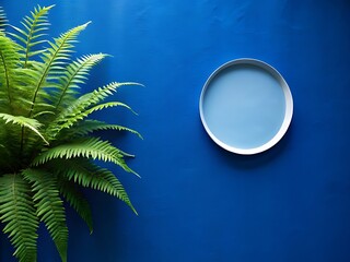 Poster - Fern plant and empty round frame against a vibrant blue wall