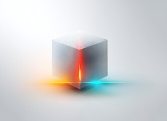 Leinwandbilder - An abstract geometric form is illuminated by blue and orange rays of light that emanate from the central point, shining brightly against a clean white setting