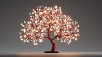 Poster - Knowledge Tree With Glowing Leaves Shaped Like Icons Representing Growth and Innovation in a Digital Environment
