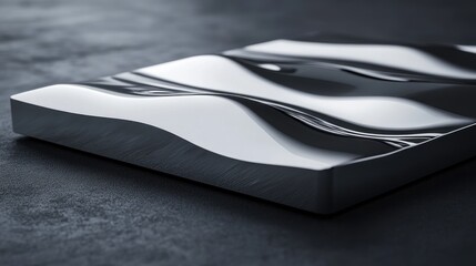 Close-up of a reflective, wavy, metallic object on a dark surface