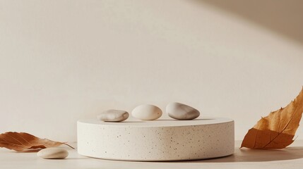 Poster - Minimalist arrangement of pebbles and dried leaves on a circular pedestal in soft natural light