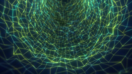 Poster - Digital green mesh tunnel on brown background, forming a fluid web of luminous geometric lines